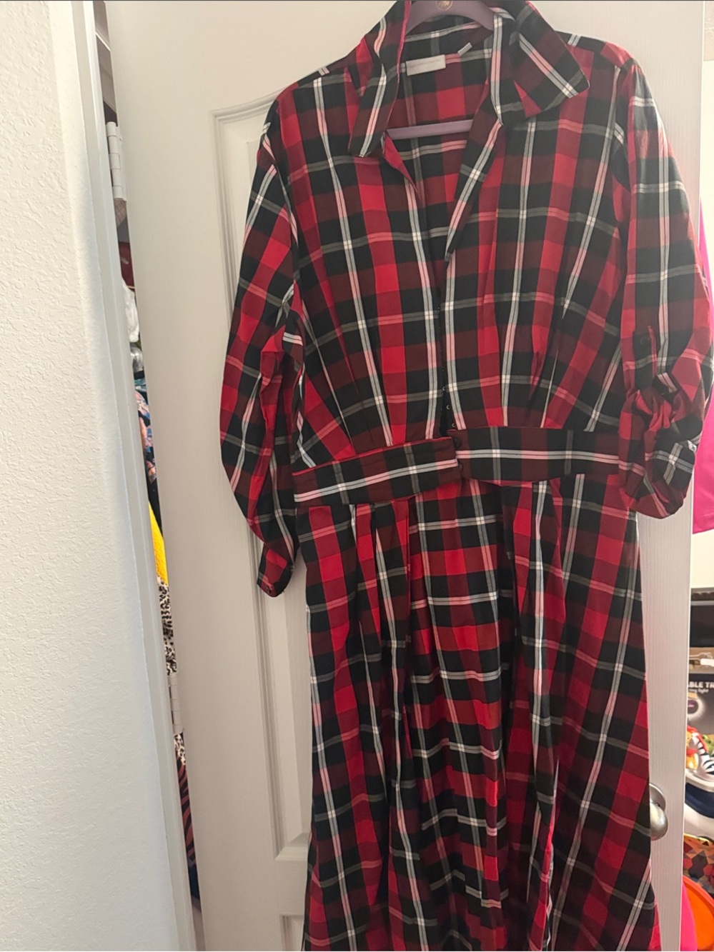 New York & Company Red and Black Plaid Shirt Dress